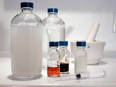 Laboratory bottles and equipment used in chemical analysis